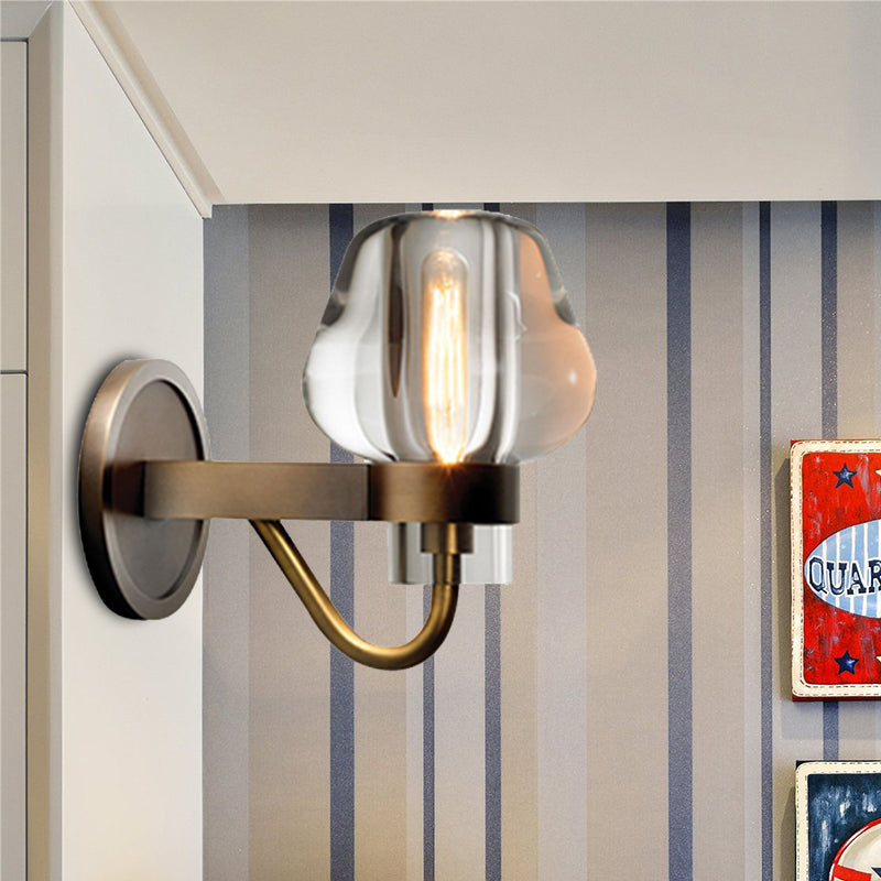 Retro K9 Crystal Wall Lamp - Tapered 1/2 Heads Indoor Light Fixture in Brass with Curved Metal Arm
