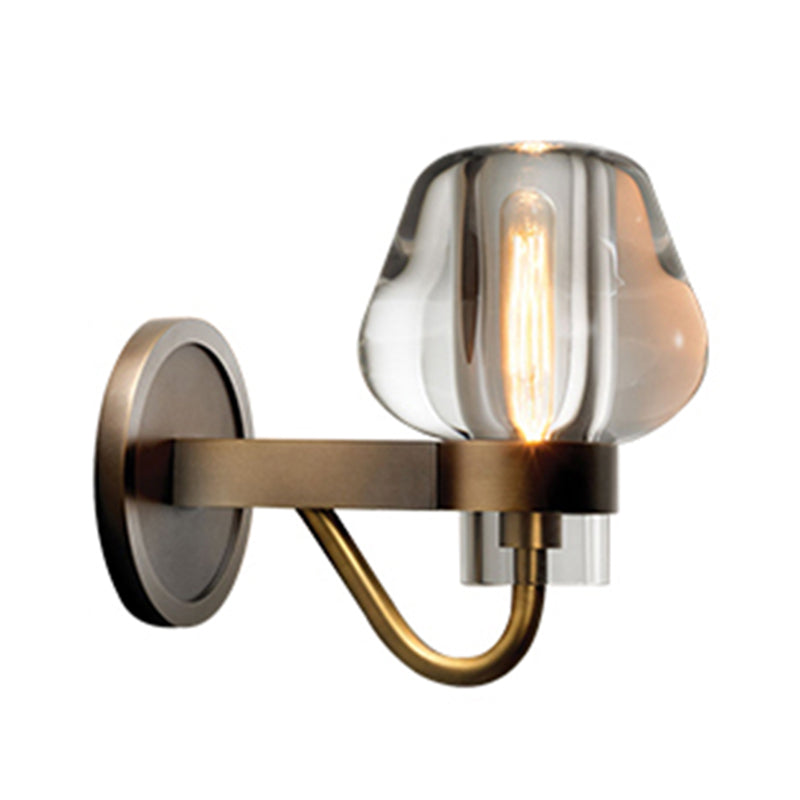 Retro K9 Crystal Wall Lamp - Tapered 1/2 Heads Indoor Light Fixture in Brass with Curved Metal Arm