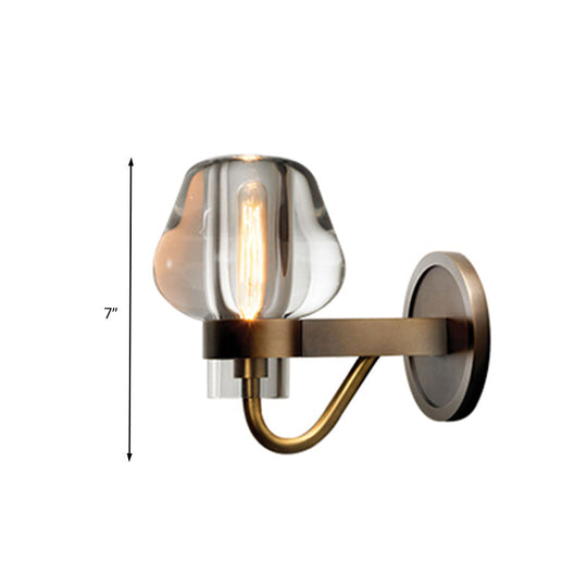 Retro K9 Crystal Wall Lamp - Tapered 1/2 Heads Indoor Light Fixture in Brass with Curved Metal Arm