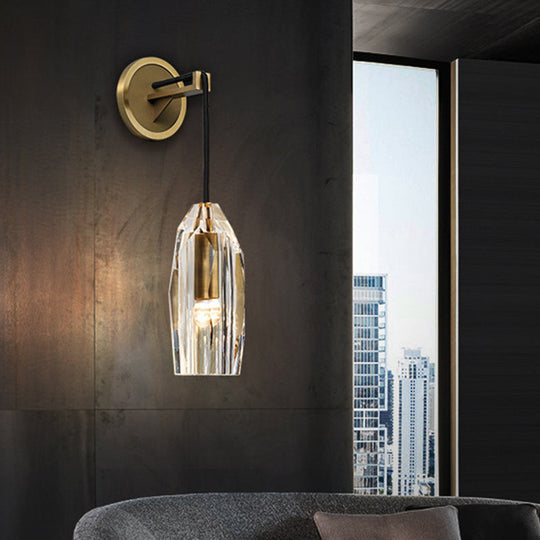 Geometric Brass Wall Lamp with Clear K9 Crystal - Modern 1-Head LED Fixture for Living Room