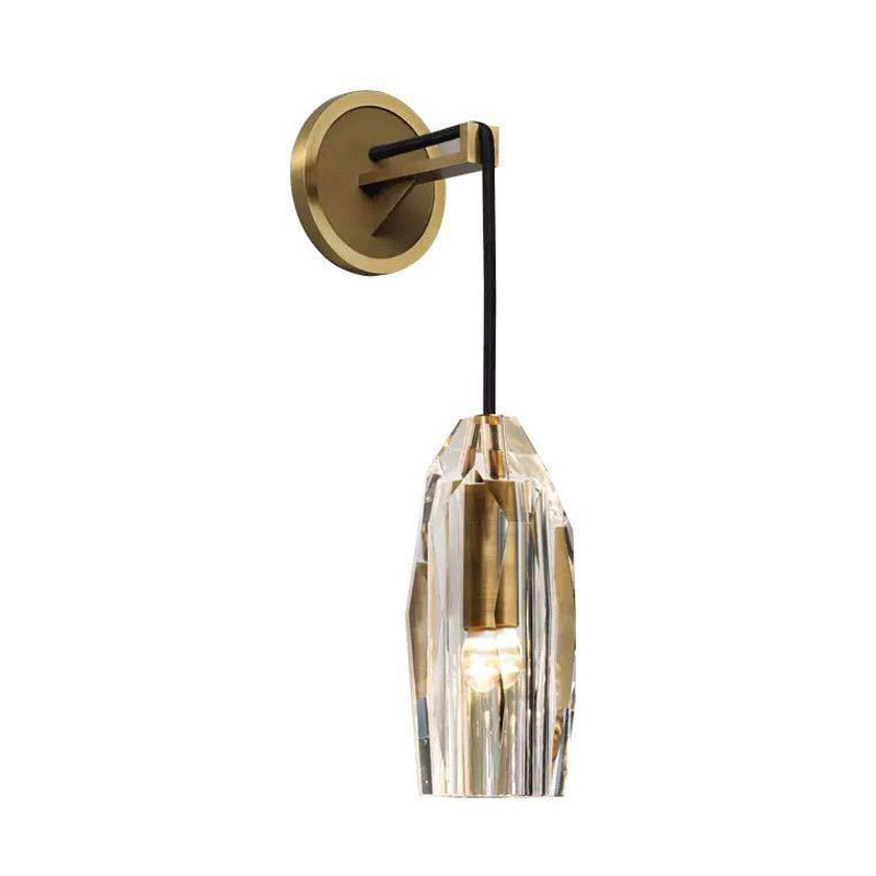 Geometric Brass Wall Lamp with Clear K9 Crystal - Modern 1-Head LED Fixture for Living Room