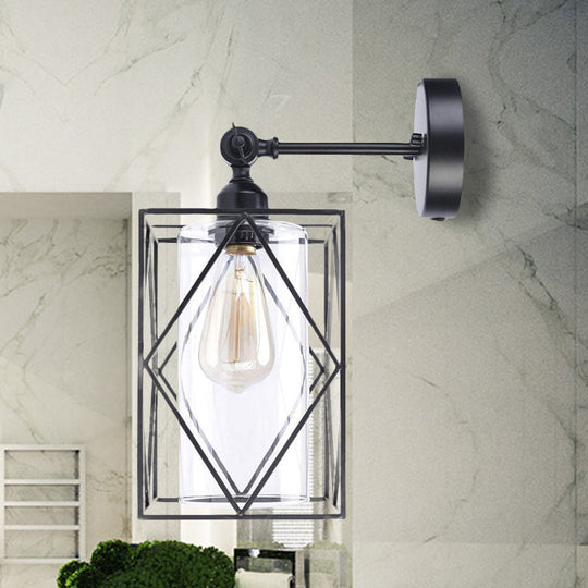 Industrial Black Caged Wall Lamp with Clear Glass Shade - Direct Wired/Plug In