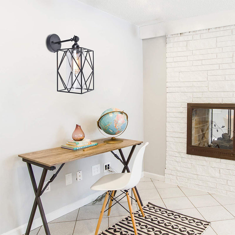 Industrial Black Caged Wall Lamp with Clear Glass Shade - Direct Wired/Plug In