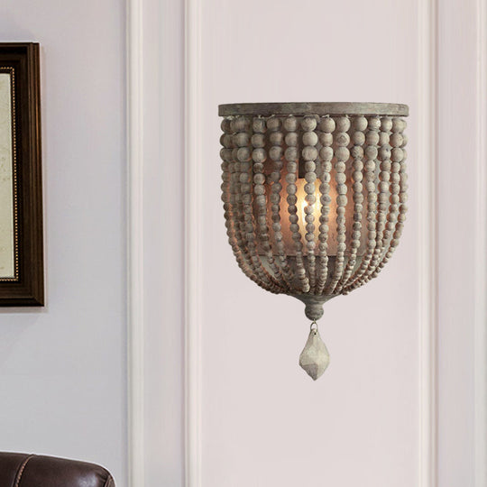 Countryside Grey Beaded Wall Mount Sconce with Light Wood Accent - Living Room Light Fixture