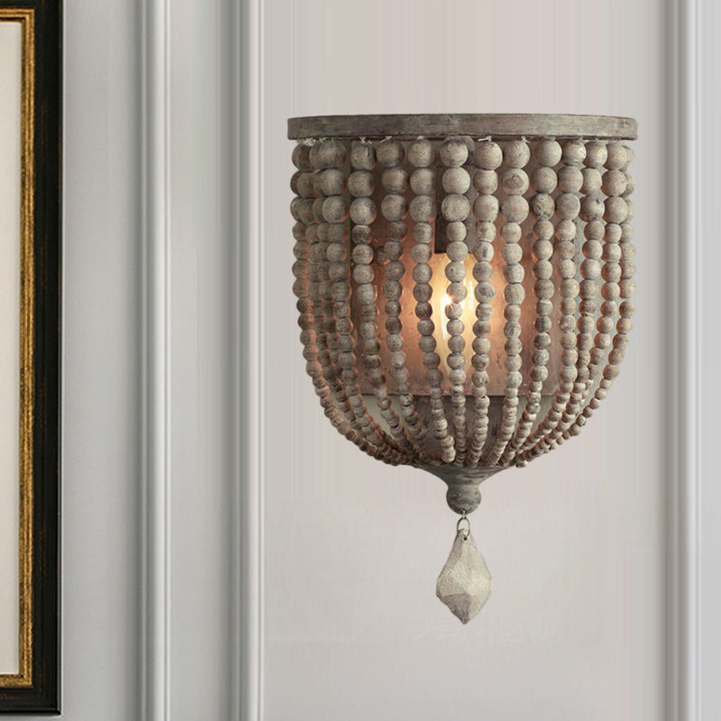 Countryside Grey Beaded Wall Mount Sconce with Light Wood Accent - Living Room Light Fixture