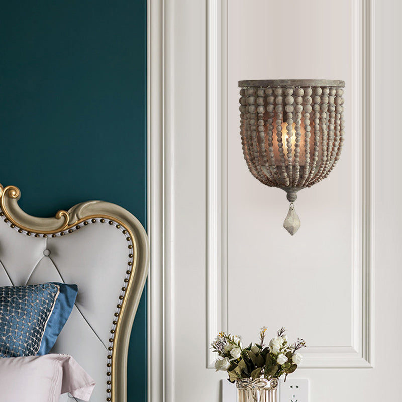 Countryside Grey Beaded Wall Mount Sconce with Light Wood Accent - Living Room Light Fixture