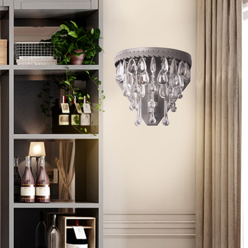 Grey/Bronze Crystal Sconce Light – Minimalistic Tiered 1-Light Wall Mount for Bedroom Lighting
