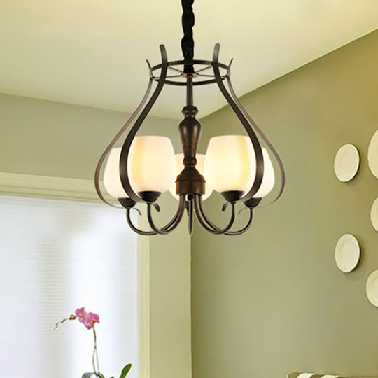 Contemporary Black Finish Chandelier - 5 Bulbs, Opal Glass Bowl Shade