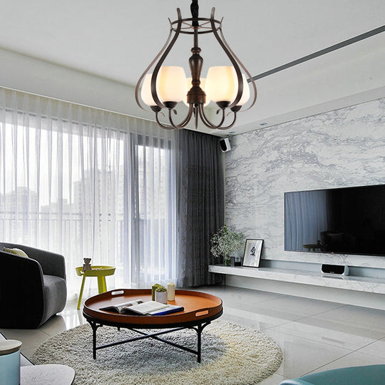 Contemporary Black Finish Chandelier - 5 Bulbs, Opal Glass Bowl Shade
