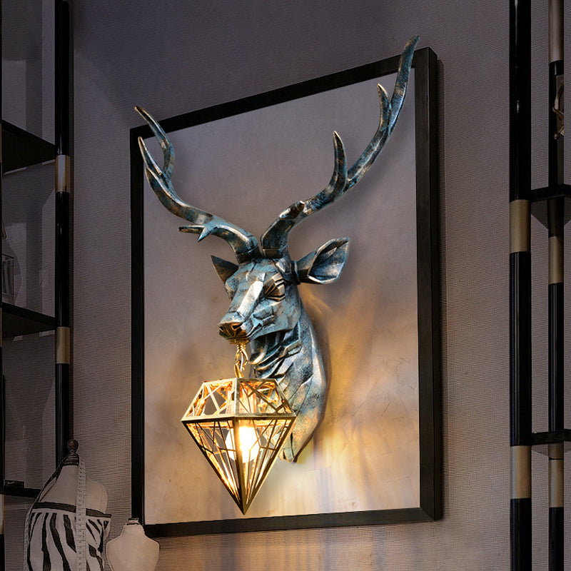 Elk Resin Wall Sconce Lamp - Lodge Style Indoor Bronze Wall Mount Light with Diamond Cage Shade, 14.5"/19.5" Width