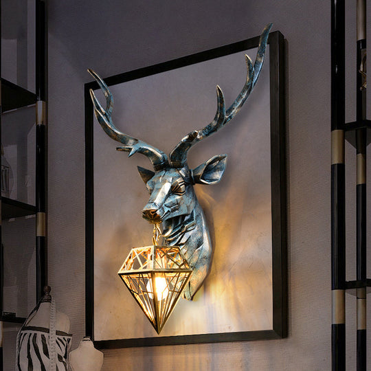 Elk Resin Wall Sconce Lamp - Lodge Style Indoor Bronze Wall Mount Light with Diamond Cage Shade, 14.5"/19.5" Width