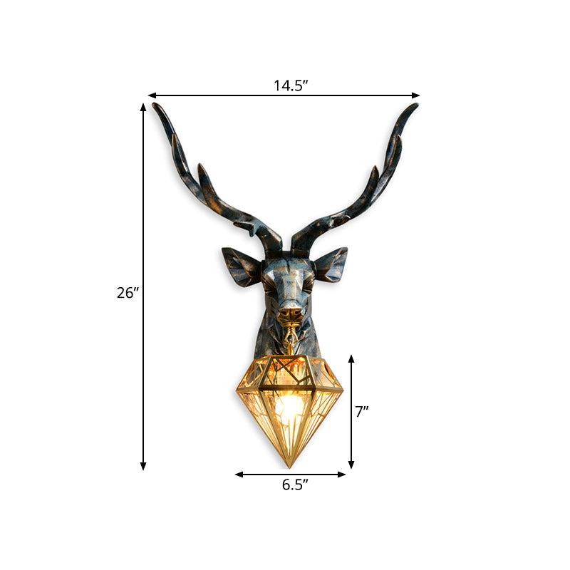 Elk Resin Wall Sconce Lamp - Lodge Style Indoor Bronze Wall Mount Light with Diamond Cage Shade, 14.5"/19.5" Width
