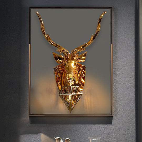Country Style Diamond Cage Foyer Wall Light Sconce with Elk Backplate - Gold, 16"/26" Wide