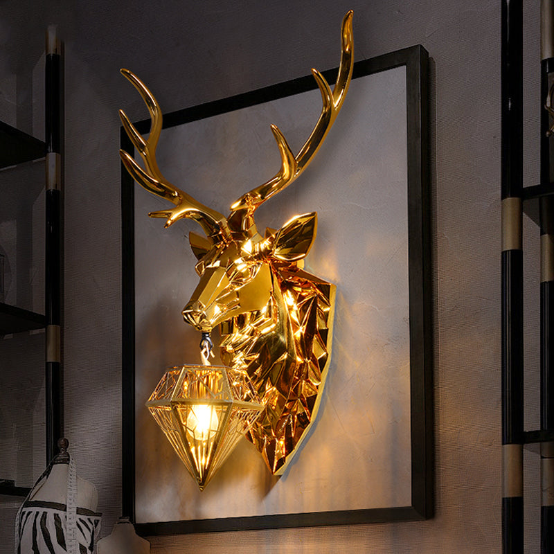 Country Style Diamond Cage Foyer Wall Light Sconce with Elk Backplate - Gold, 16"/26" Wide
