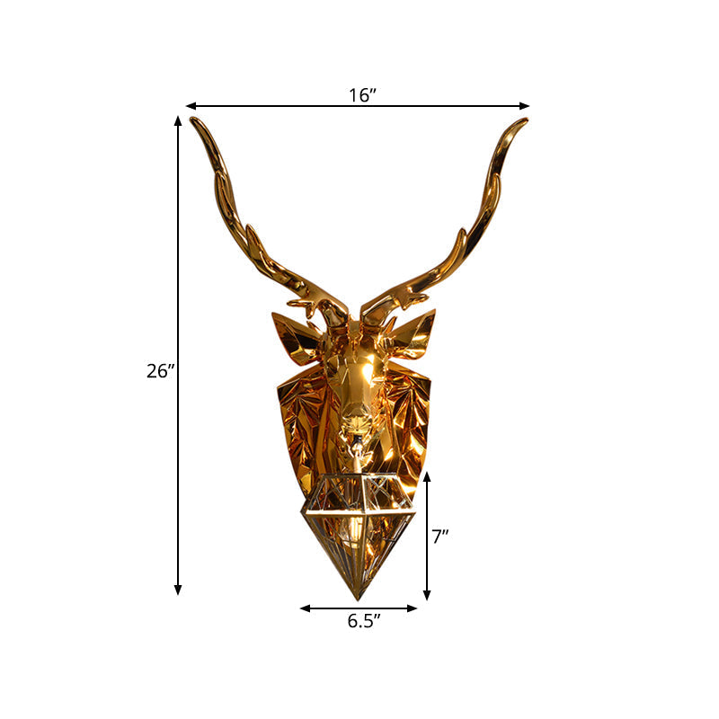 Country Style Diamond Cage Foyer Wall Light Sconce with Elk Backplate - Gold, 16"/26" Wide