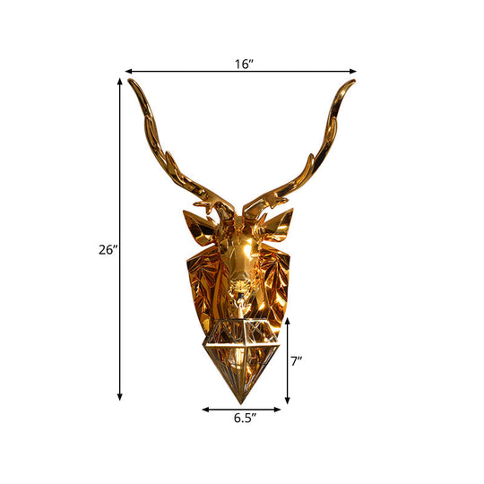 Country Style Diamond Cage Foyer Wall Light Sconce with Elk Backplate - Gold, 16"/26" Wide