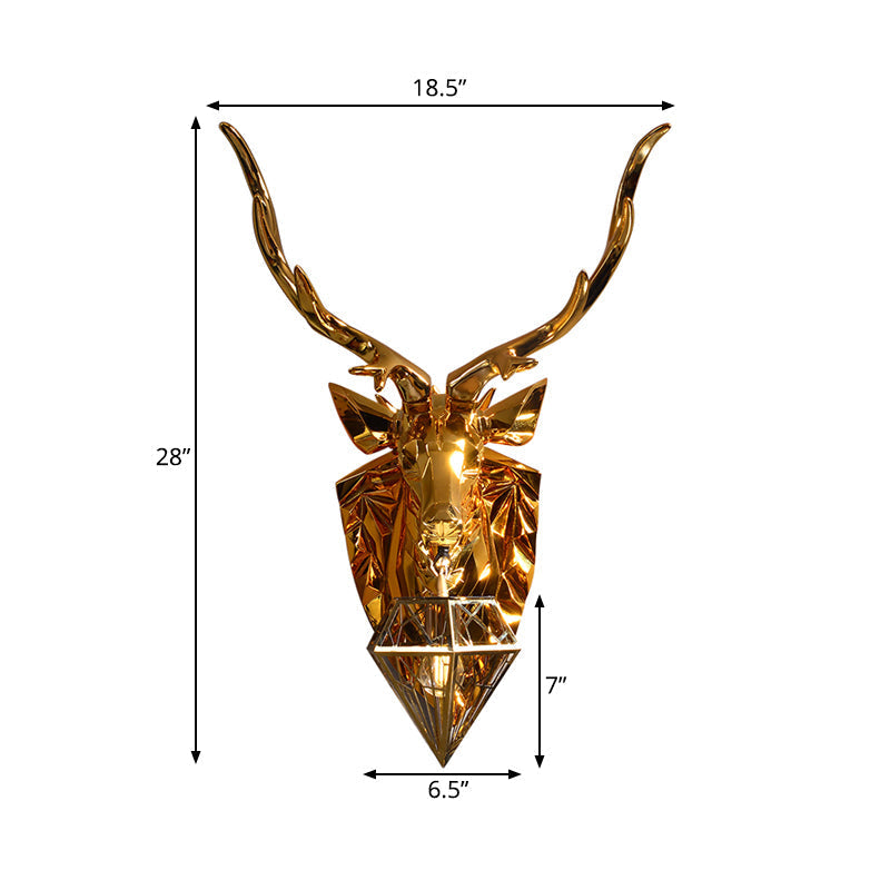Country Style Diamond Cage Foyer Wall Light Sconce with Elk Backplate - Gold, 16"/26" Wide