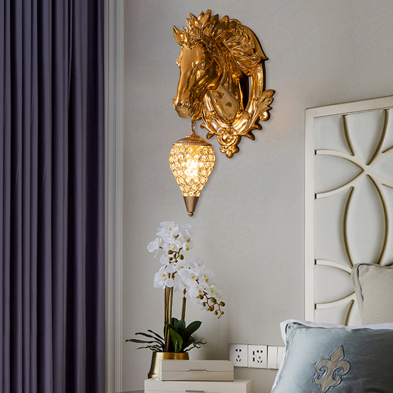 Golden Horse Resin Wall Sconce Lamp with Crystal Teardrop Shade - Traditional Wall Lighting