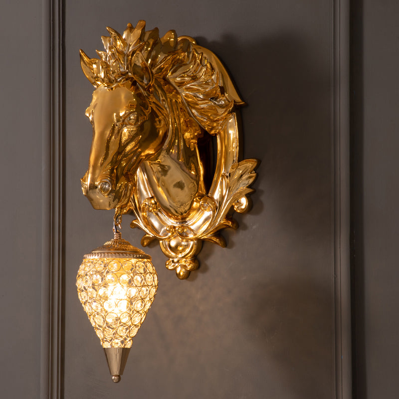 Golden Horse Resin Wall Sconce Lamp with Crystal Teardrop Shade - Traditional Wall Lighting