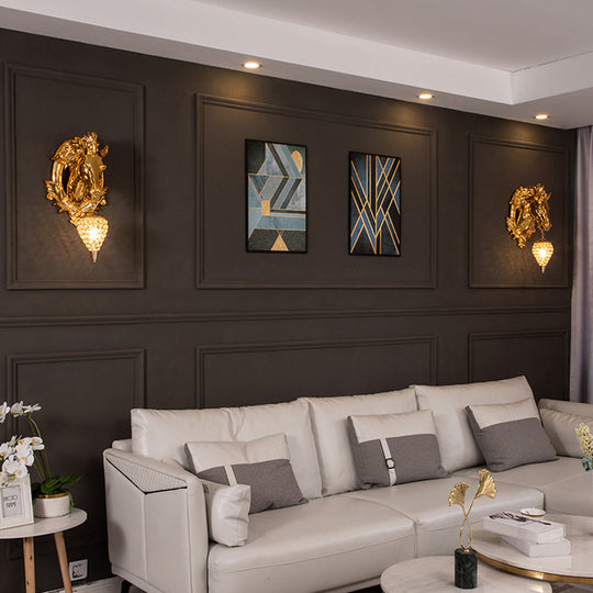 Golden Horse Resin Wall Sconce Lamp with Crystal Teardrop Shade - Traditional Wall Lighting