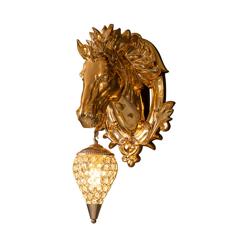 Golden Horse Resin Wall Sconce Lamp with Crystal Teardrop Shade - Traditional Wall Lighting