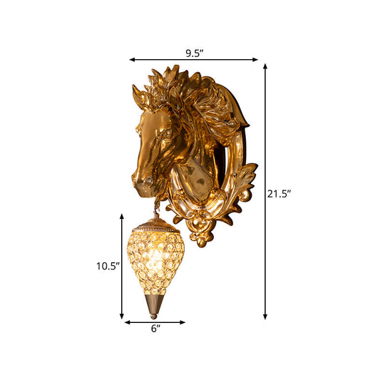 Golden Horse Resin Wall Sconce Lamp with Crystal Teardrop Shade - Traditional Wall Lighting