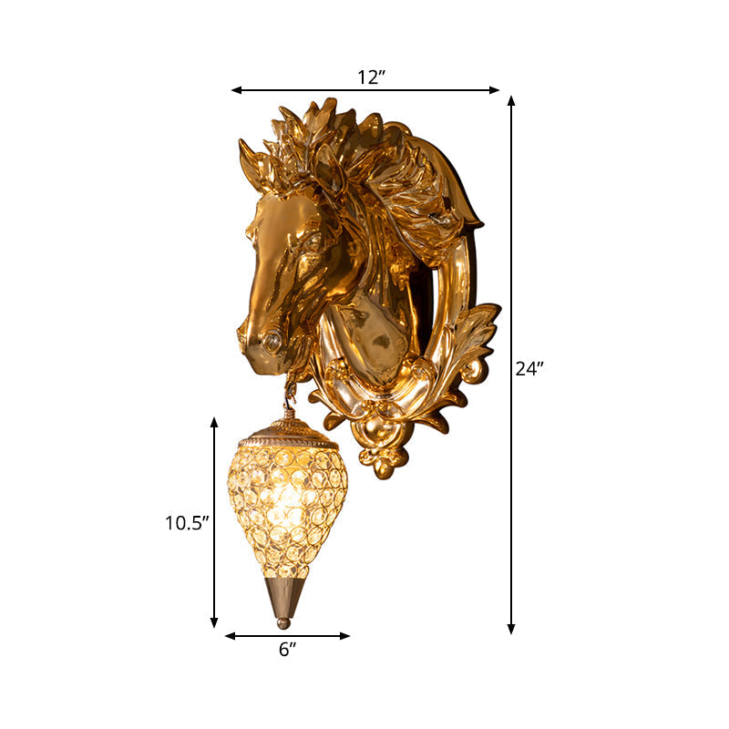 Golden Horse Resin Wall Sconce Lamp with Crystal Teardrop Shade - Traditional Wall Lighting