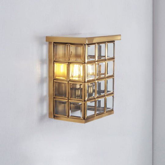 Gold Colonial Grid Flush Wall Sconce - Clear Glass Outdoor 2-Light Wall Mount