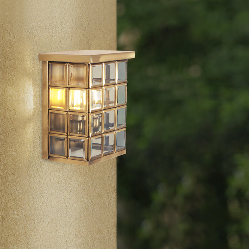 Gold Colonial Grid Flush Wall Sconce - Clear Glass Outdoor 2-Light Wall Mount