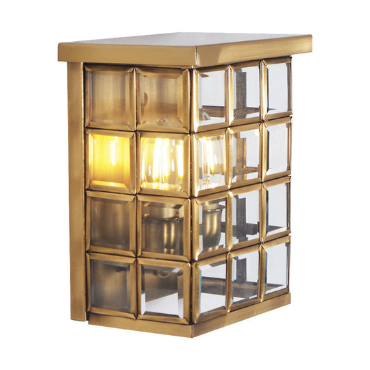 Gold Colonial Grid Flush Wall Sconce - Clear Glass Outdoor 2-Light Wall Mount