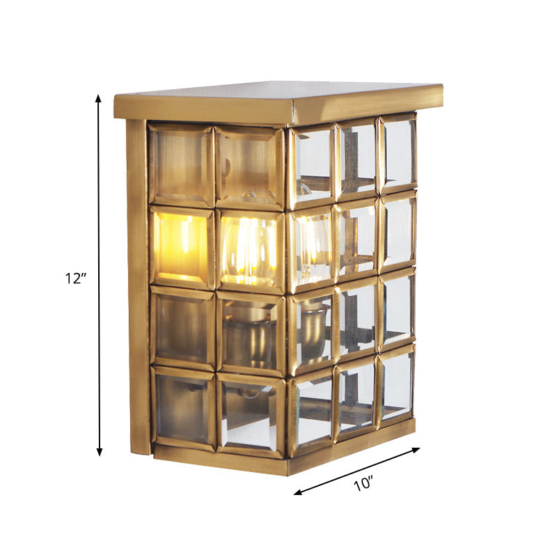 Gold Colonial Grid Flush Wall Sconce - Clear Glass Outdoor 2-Light Wall Mount