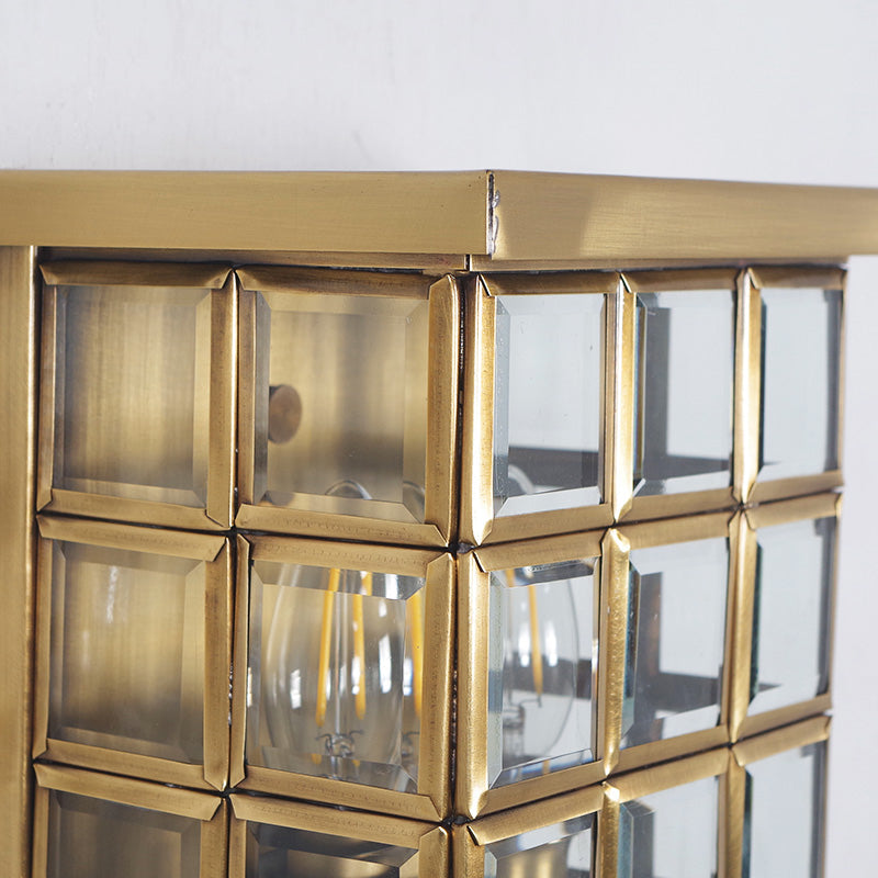 Gold Colonial Grid Flush Wall Sconce - Clear Glass Outdoor 2-Light Wall Mount