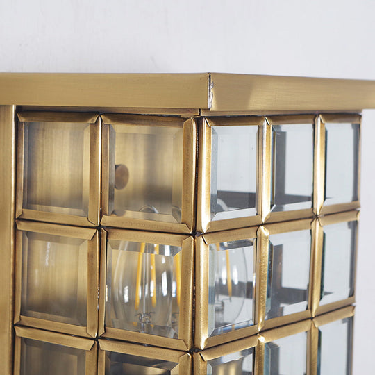 Gold Colonial Grid Flush Wall Sconce - Clear Glass Outdoor 2-Light Wall Mount