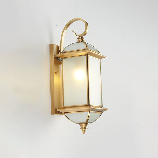 Golden Brass Curly Arm Wall Sconce with Frosted Glass Shade - Outdoor Lantern