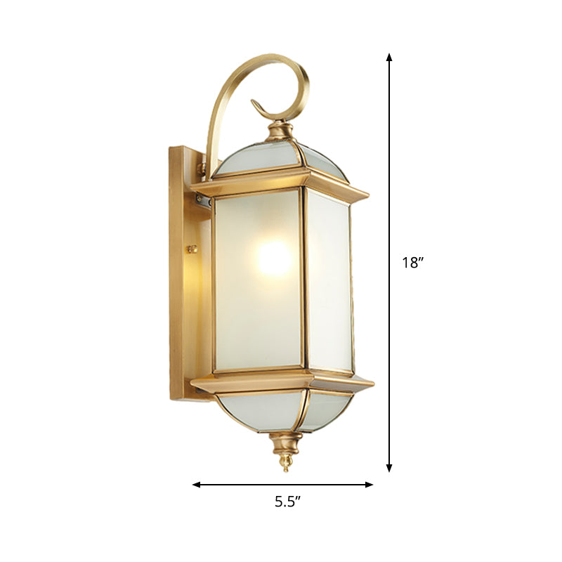 Golden Brass Curly Arm Wall Sconce with Frosted Glass Shade - Outdoor Lantern