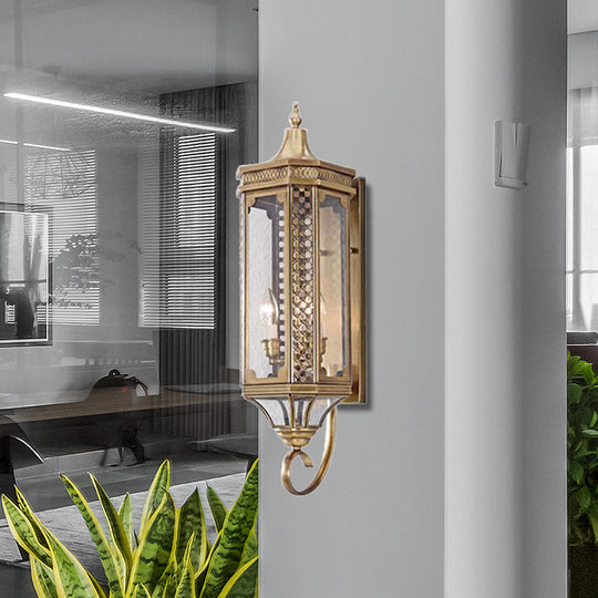 Outdoor Wall Lantern - Traditional Gold Finish, Metallic Carved Sconce Light - Set of 3 Bulbs