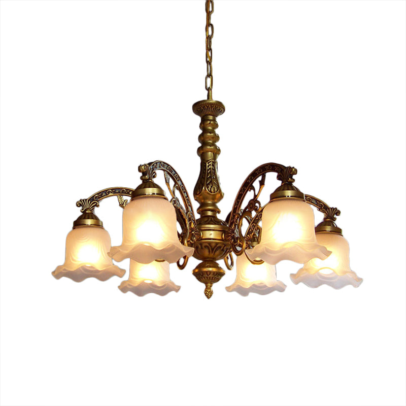 Scalloped Shade Brass Ceiling Chandelier with Frosted Textured Glass - Perfect for Dining Rooms - 3/6 Bulb Option