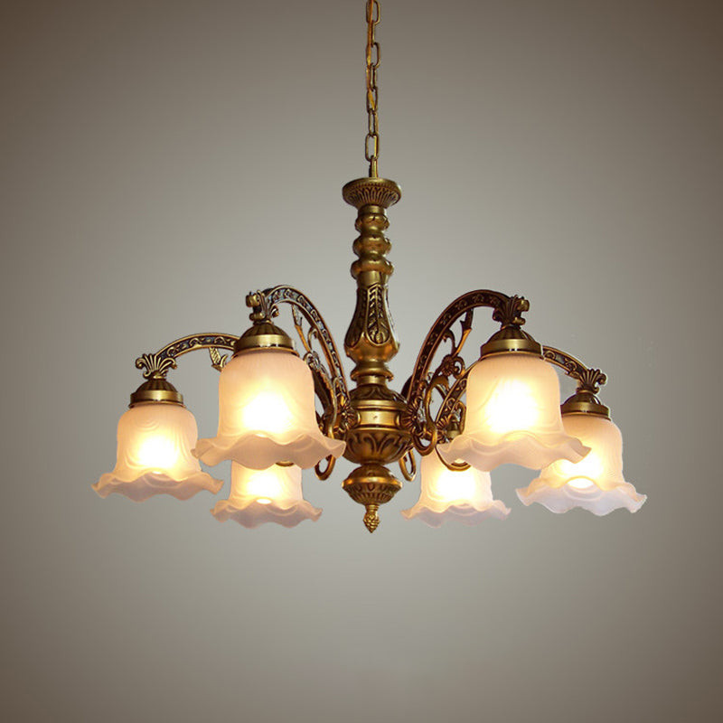 Scalloped Shade Brass Ceiling Chandelier with Frosted Textured Glass - Perfect for Dining Rooms - 3/6 Bulb Option