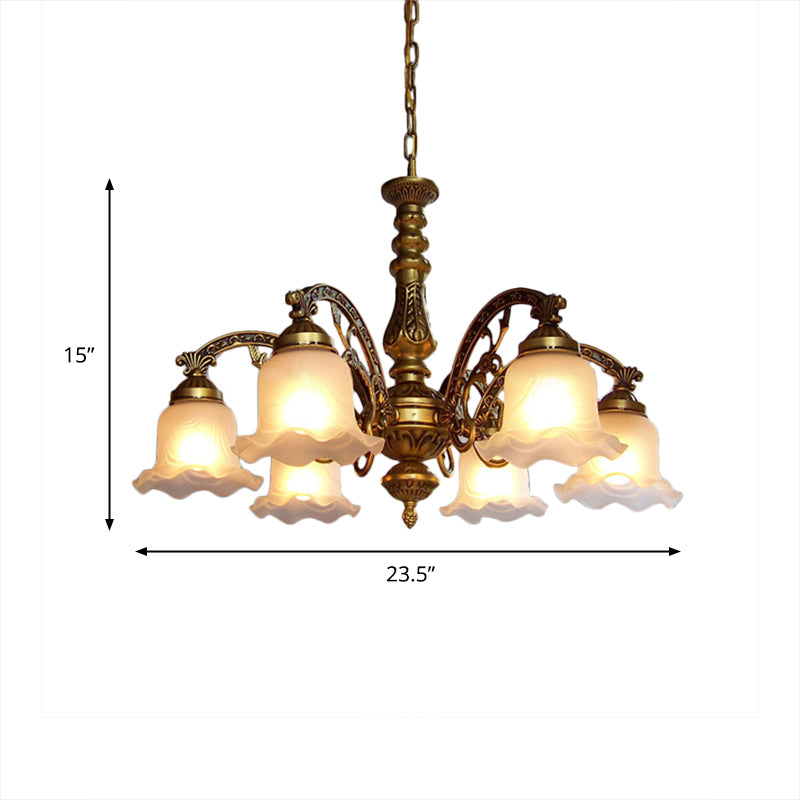 Scalloped Shade Brass Ceiling Chandelier with Frosted Textured Glass - Perfect for Dining Rooms - 3/6 Bulb Option