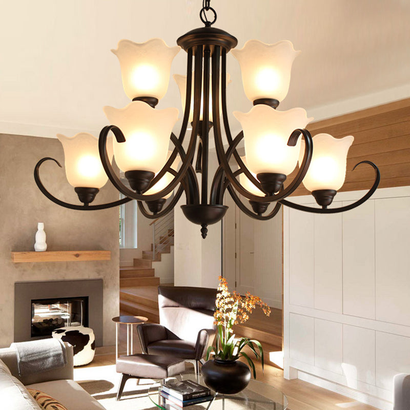 Flower-Shaped Opal Glass Pendant Lamp: Black, 9-Light Classic Chandelier for Living Room