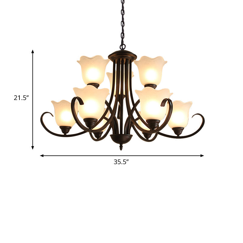 Flower-Shaped Opal Glass Pendant Lamp: Black, 9-Light Classic Chandelier for Living Room