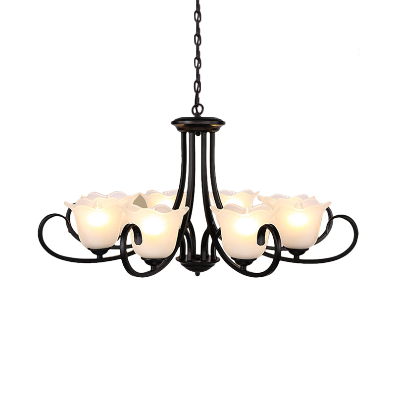 Flared Shade Frosted Glass Ceiling Lamp with Traditional Bedroom Chandelier Pendant Light - Black (4/6/8 Bulbs)