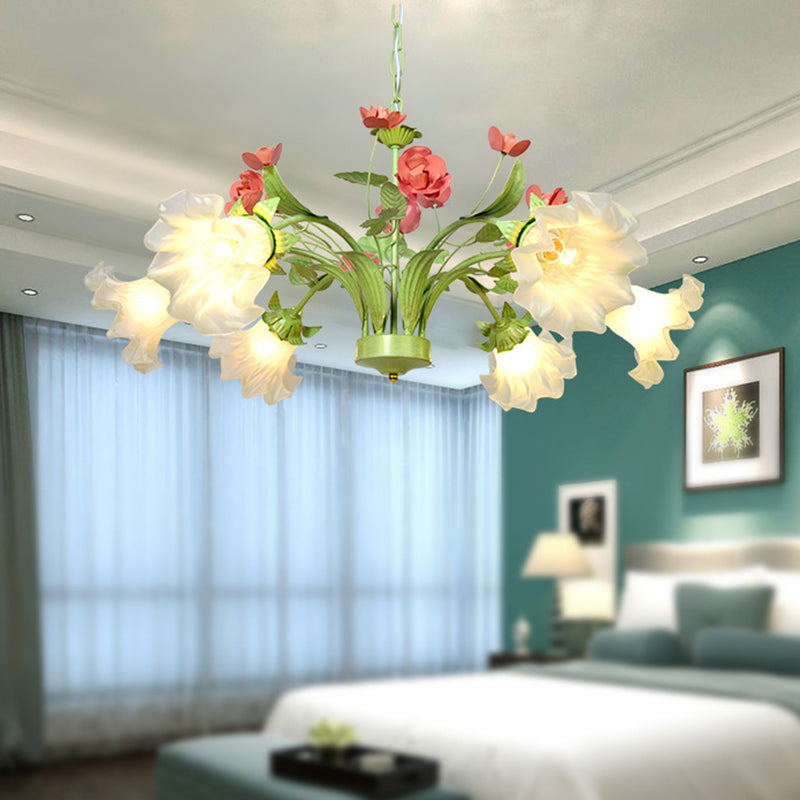 Traditional 6-Head Green Glass Chandelier for Bedroom - Cream Flower Pendant Lighting