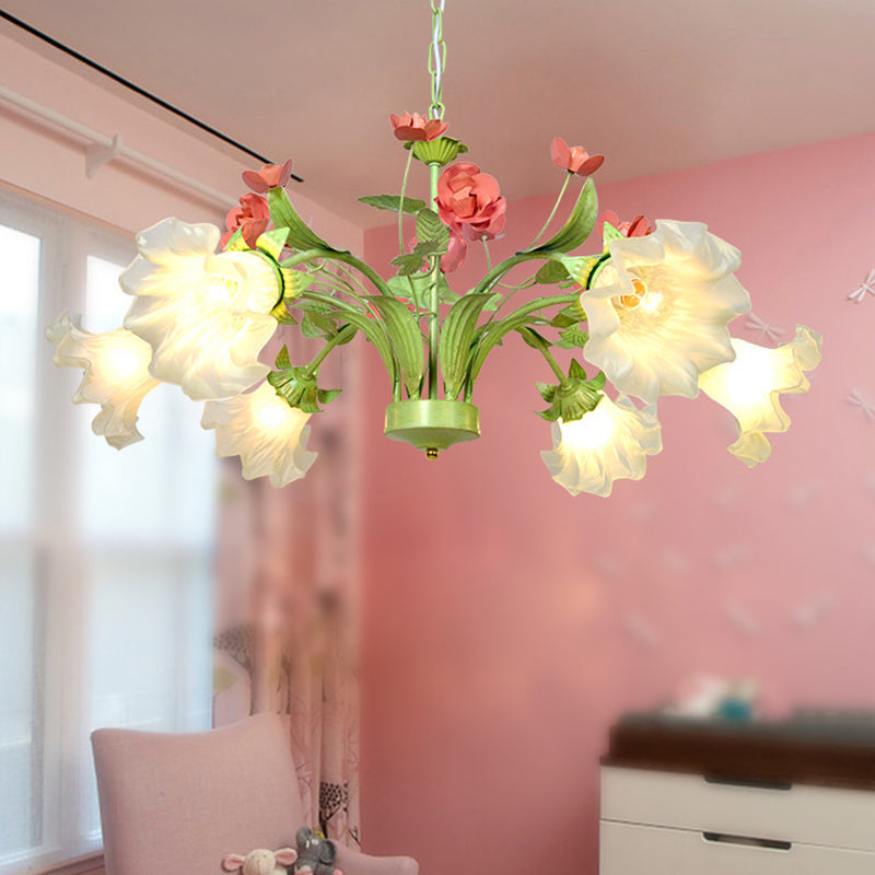Traditional 6-Head Green Glass Chandelier for Bedroom - Cream Flower Pendant Lighting