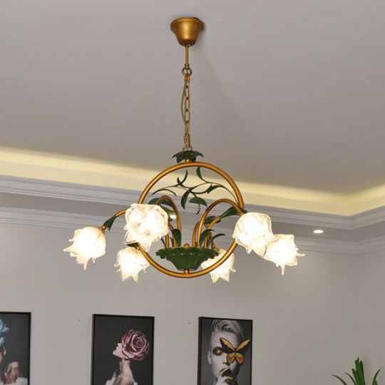 Traditional Floral Ceiling Chandelier - White/Yellow/Purple Glass - 6 Hanging Light Heads