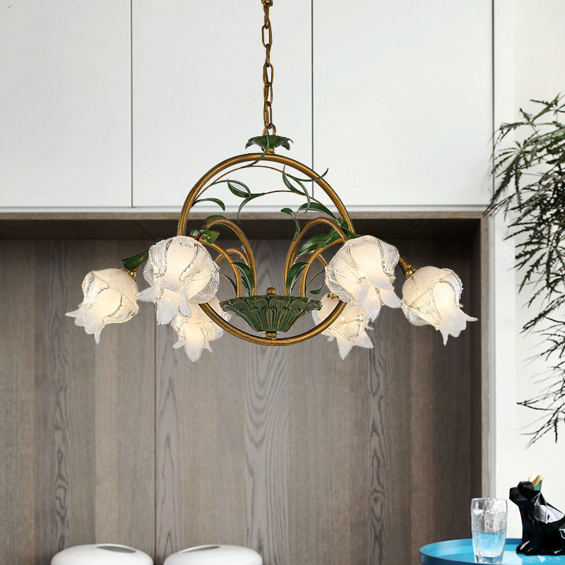 Traditional Floral Ceiling Chandelier - White/Yellow/Purple Glass - 6 Hanging Light Heads