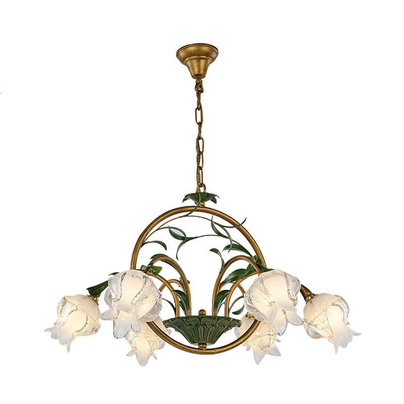 Traditional Floral Ceiling Chandelier - White/Yellow/Purple Glass - 6 Hanging Light Heads