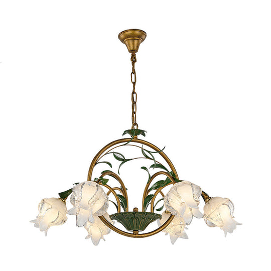 Traditional Floral Ceiling Chandelier - White/Yellow/Purple Glass - 6 Hanging Light Heads