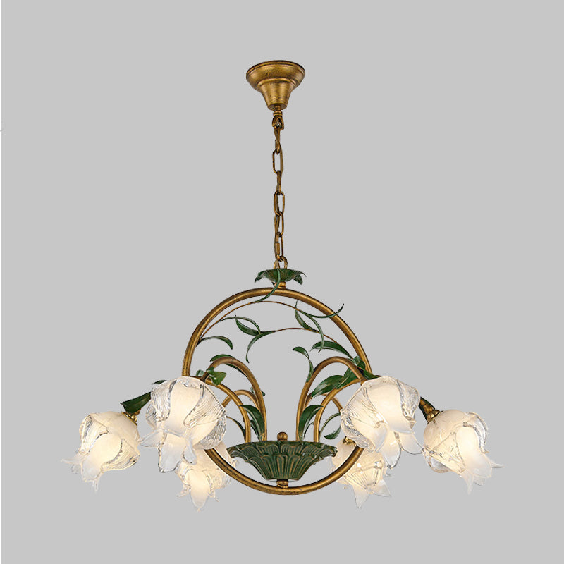 Traditional Floral Ceiling Chandelier - White/Yellow/Purple Glass - 6 Hanging Light Heads