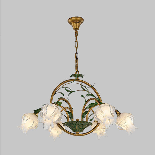 Traditional Floral Ceiling Chandelier - White/Yellow/Purple Glass - 6 Hanging Light Heads